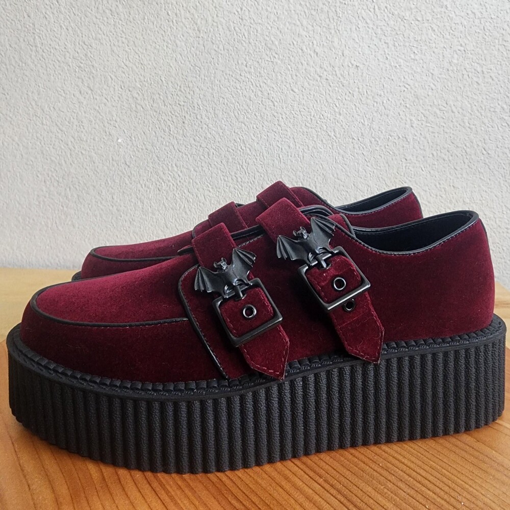 Killstar Shoes Womens Size 8 Red Faux Suede Platform Mary Jane Bat Creepers - Picture 6 of 14